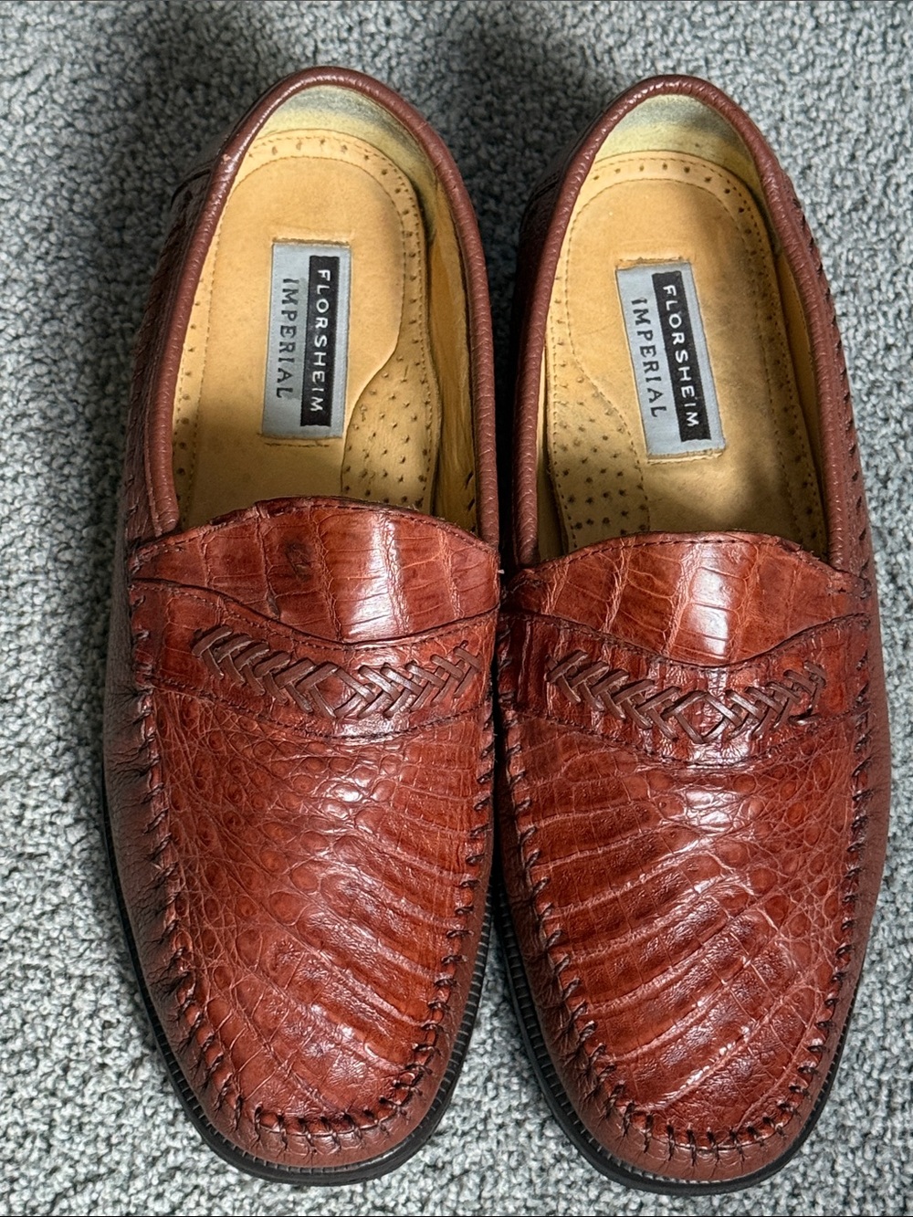 Alligator Florsheim Imperial Brown Leather Woven Penny Loafers. Size 8.5 EEE.